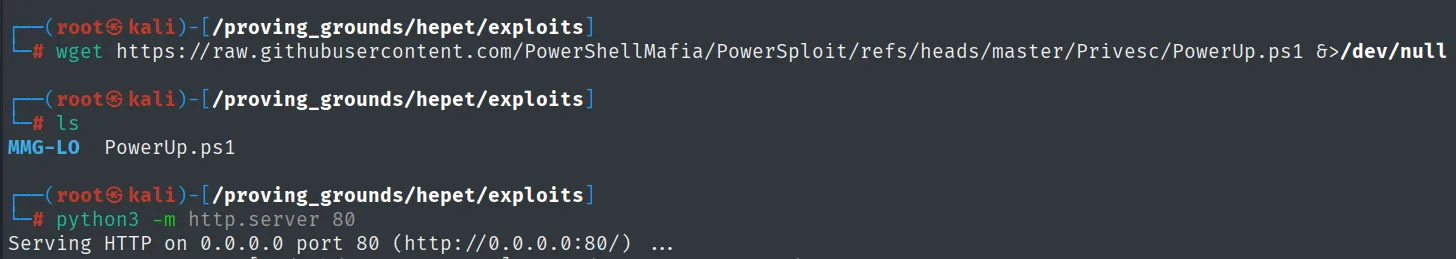 wget descarga PowerUp.ps1 de PowerSploit y http.server lo sirve