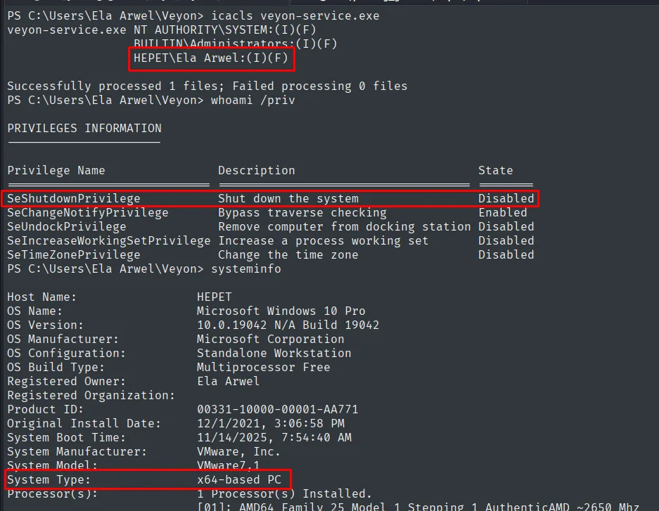 icacls: Ela Arwel tiene F sobre veyon-service.exe; whoami /priv con SeShutdownPrivilege Disabled; systeminfo Windows 10 Pro build 19042
