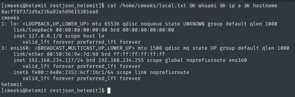 local.txt leido como cmeeks en hetemit, con whoami cmeeks, la IP 192.168.234.117 y hostname hetemit