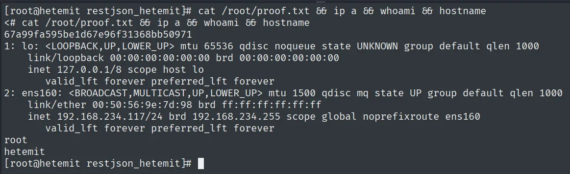 proof.txt leido como root en hetemit, con whoami root y hostname hetemit