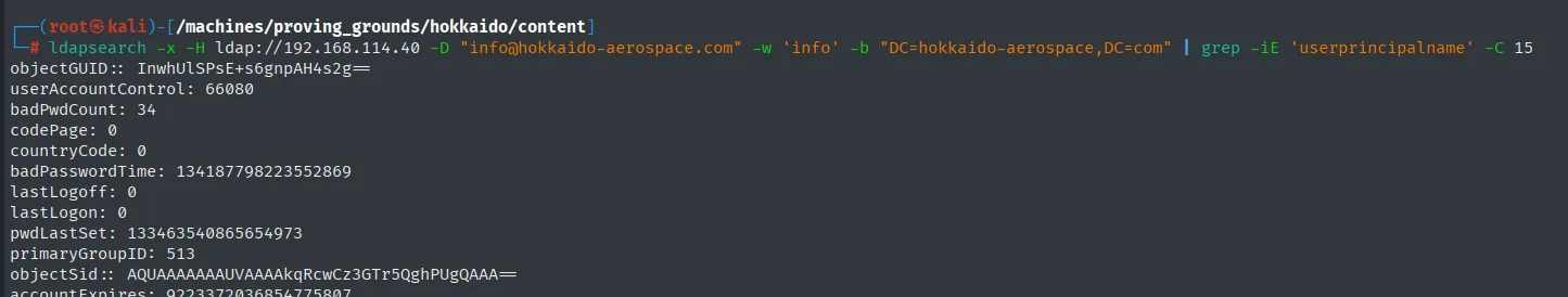 ldapsearch con la credencial info vuelca los atributos de los objetos del dominio, con userAccountControl, badPwdCount y objectSid entre ellos