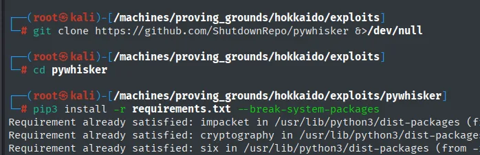 git clone de ShutdownRepo/pywhisker y la instalación de sus dependencias, que ya estaban satisfechas