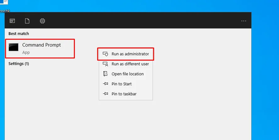 el menú de inicio con Command Prompt seleccionado y la opción Run as administrator resaltada