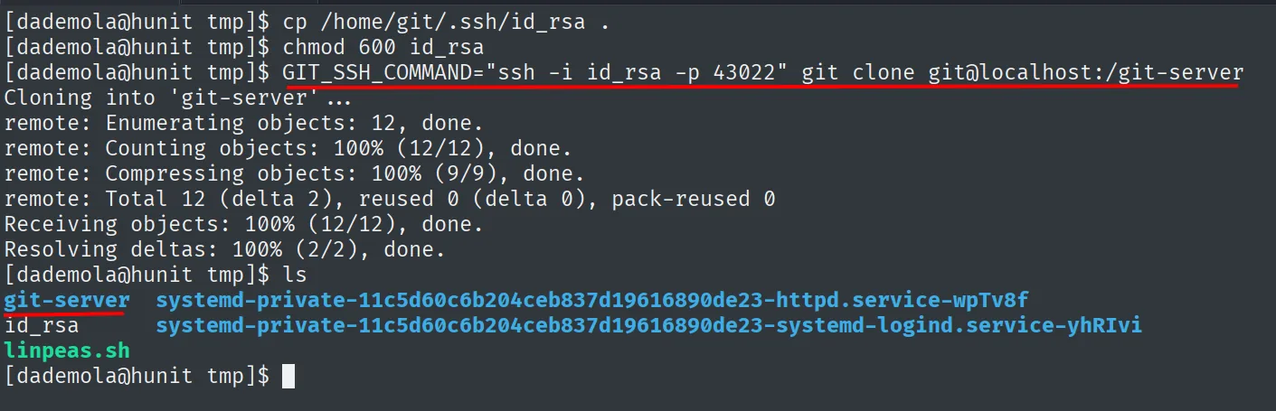 git clone correcto del repo git-server usando la clave id_rsa por el puerto 43022