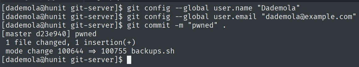 git commit pwned: 1 file changed, 1 insertion y el cambio de modo 100644 a 100755 en backups.sh