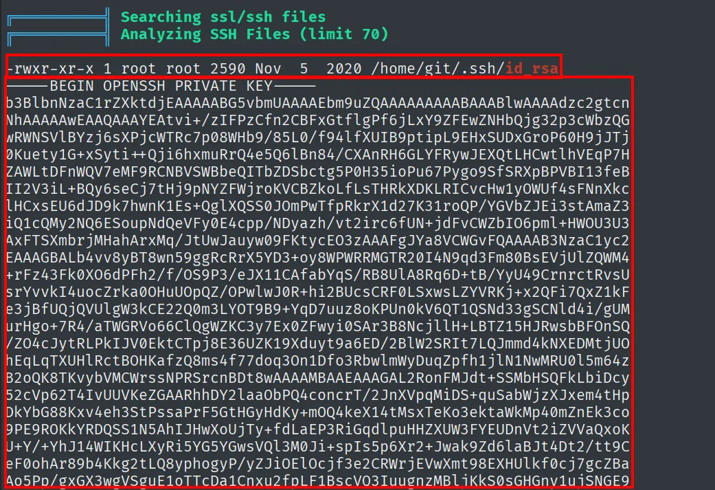 linpeas resaltando una clave privada SSH (BEGIN OPENSSH PRIVATE KEY) en /home/git/.ssh/id_rsa