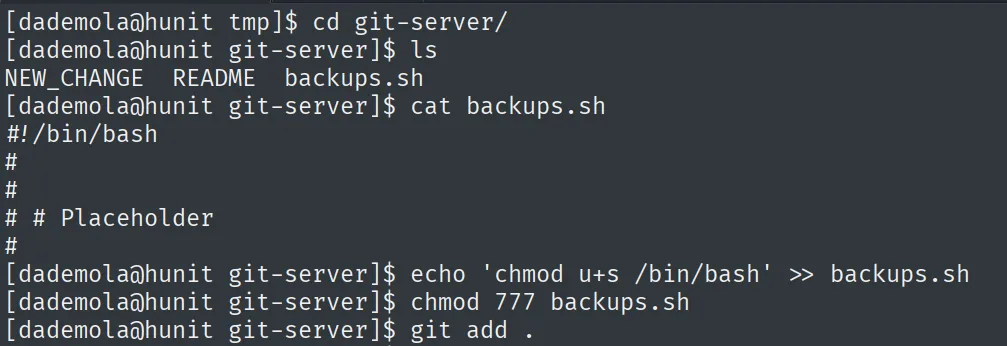 El repo git-server contiene NEW_CHANGE, README y backups.sh; el script solo tiene un Placeholder y se le añade el chmod u+s
