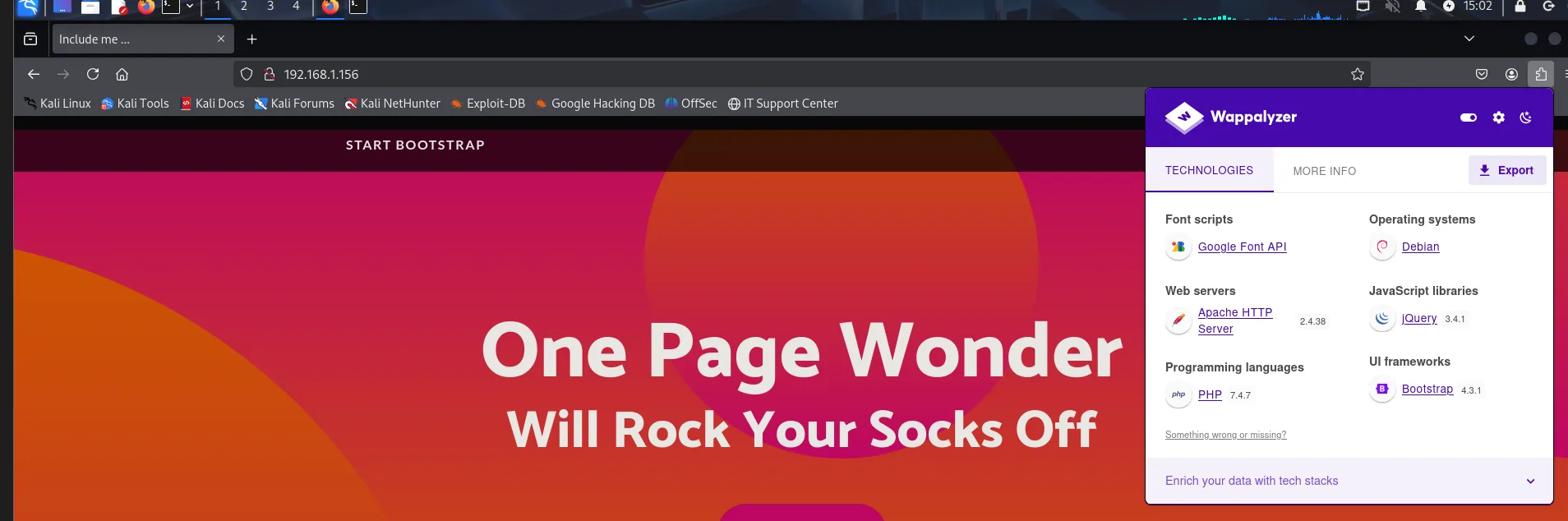 la portada One Page Wonder con Wappalyzer detectando Debian, Apache 2.4.38, PHP 7.4.7, jQuery 3.4.1 y Bootstrap 4.3.1