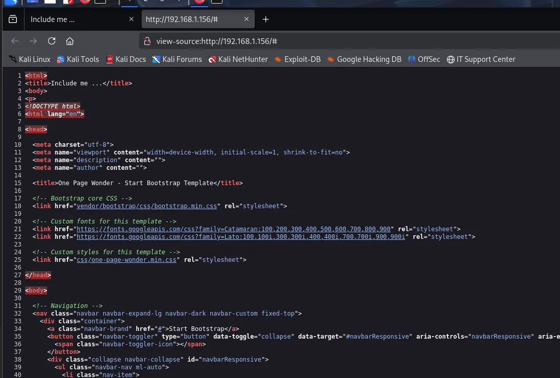 el view-source de la portada: un html, un title Include me y un body abiertos antes del DOCTYPE de la plantilla Bootstrap