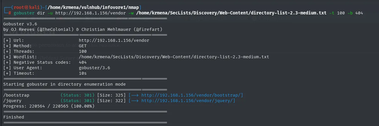 gobuster sobre /vendor devuelve únicamente bootstrap y jquery tras 220564 peticiones