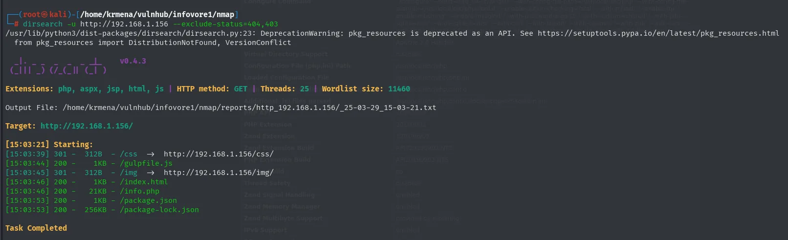 dirsearch contra 192.168.1.156 devolviendo apenas index.php, info.php y el directorio vendor