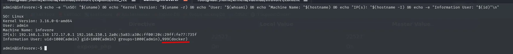 id del usuario admin en el host infovore mostrando la pertenencia al grupo 999(docker)