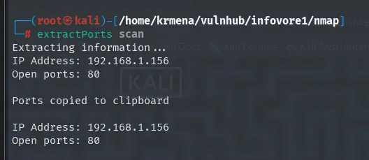 extractPorts leyendo el fichero scan y devolviendo IP Address 192.168.1.156 y Open ports 80