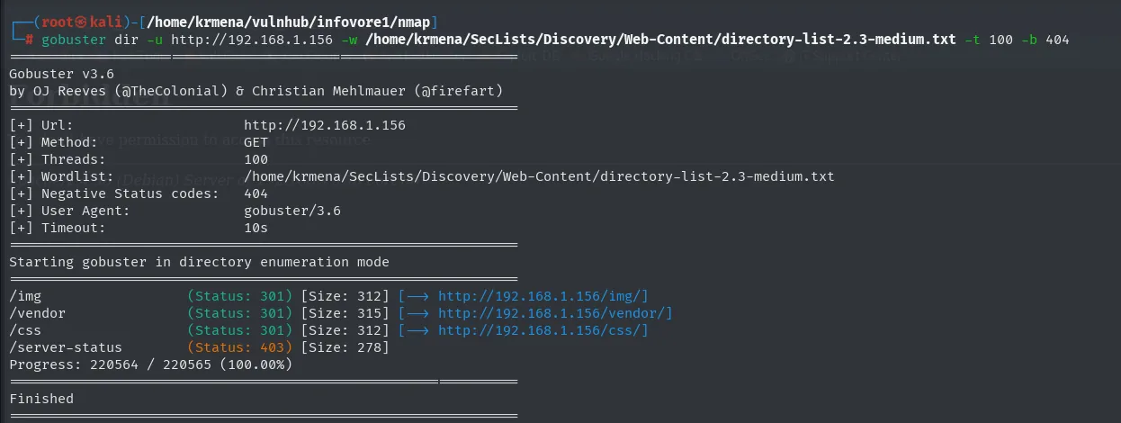 gobuster con directory-list-2.3-medium confirmando los mismos hallazgos: vendor, index.php e info.php