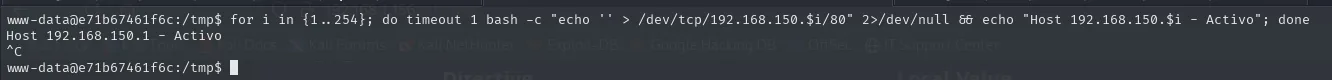 el bucle sobre /dev/tcp barriendo la red 192.168.150.0/24 y encontrando un único host activo, 192.168.150.1