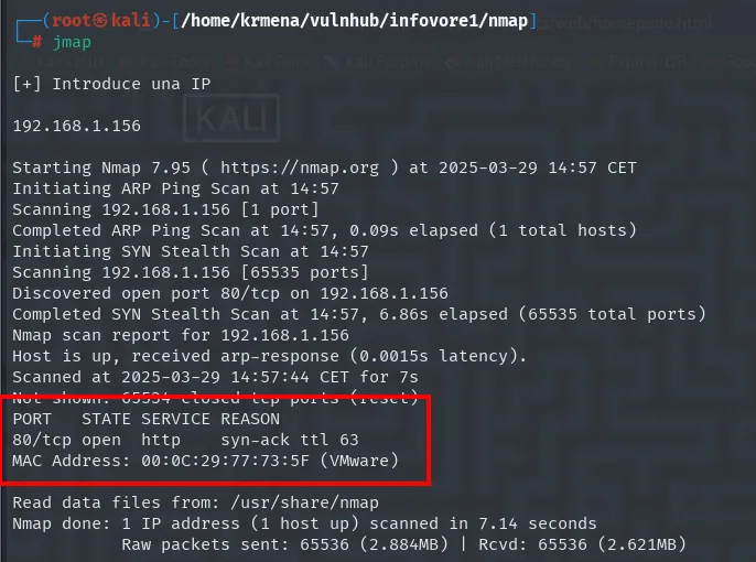 nmap -p- contra 192.168.1.156: de los 65535 puertos solo el 80/tcp está abierto