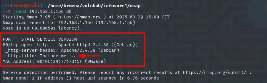 nmap -sCV sobre el 80: Apache httpd 2.4.38 (Debian) con el título de página "Include me ..."