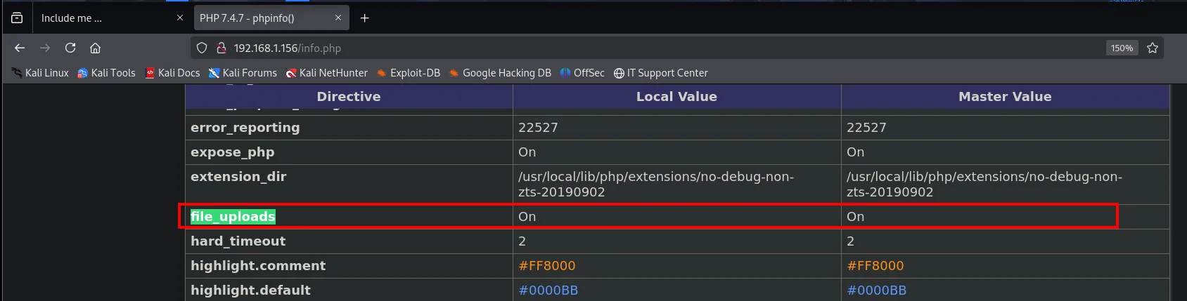 La salida de info.php mostrando la directiva file_uploads con valor On
