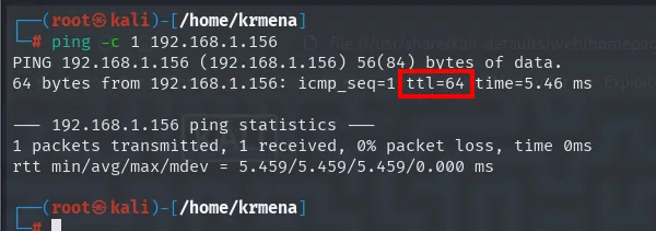 ping -c 1 192.168.1.156 con una respuesta ttl=64