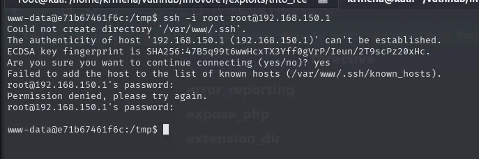 ssh -i root root@192.168.150.1 avisa de que no puede crear /var/www/.ssh, acepta la huella del host y termina pidiendo contraseña: "Permission denied, please try again."