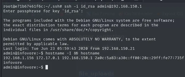 ssh -i id_rsa admin@192.168.150.1 entra al host real: el hostname es infovore, ya fuera del contenedor