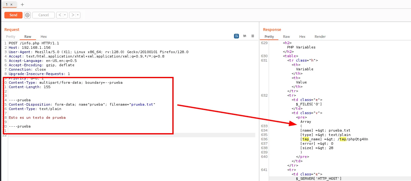 La respuesta de phpinfo muestra la tabla PHP Variables con la entrada de $_FILES y dentro tmp_name = /tmp/phpQtg4Xn