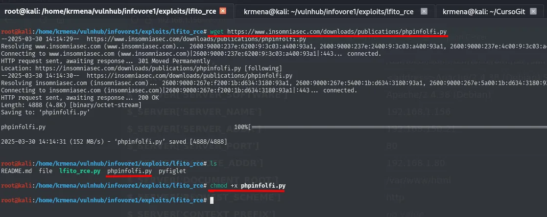 wget descargando phpinfolfi.py desde insomniasec.com y el chmod +x correspondiente