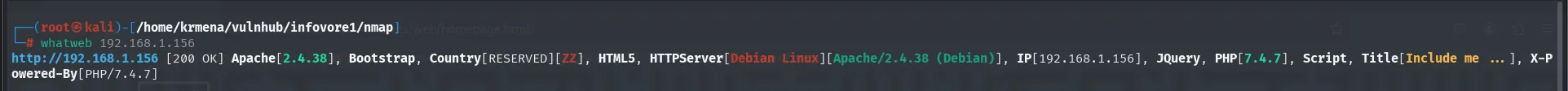 whatweb contra 192.168.1.156 identificando Apache 2.4.38, PHP 7.4.7, jQuery 3.4.1 y Bootstrap