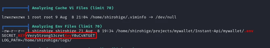linpeas encuentra el fichero .env del proyecto con un SECRET_KEY y un LOG_PATH