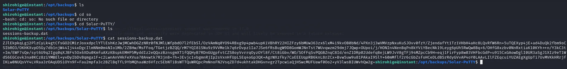 el directorio /opt/backups/Solar-PuTTY contiene sessions-backup.dat, cuyo cat vuelca un blob en Base64