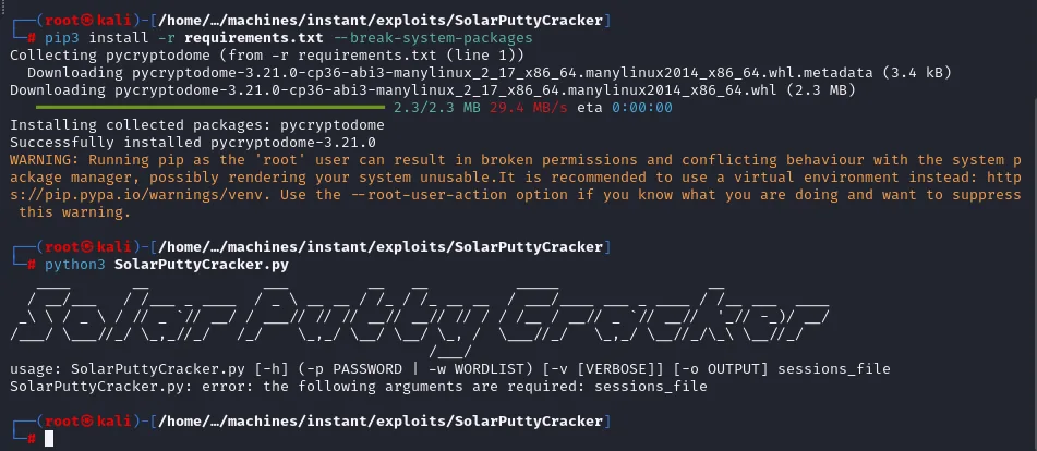 pip instala pycryptodome y la ejecución sin argumentos imprime el banner y la sintaxis de uso