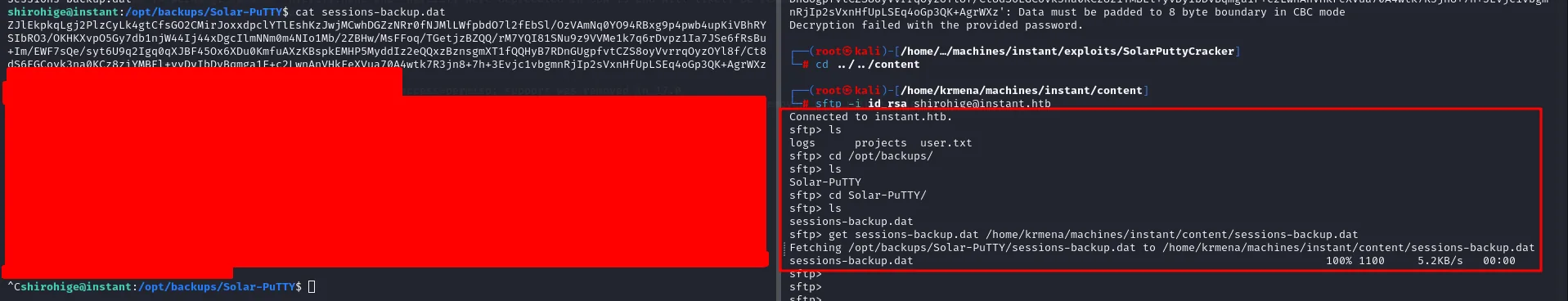 a la izquierda el error de padding en CBC; a la derecha la sesión sftp descarga sessions-backup.dat con get