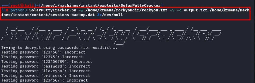 SolarPuttyCracker prueba en modo verboso las primeras contraseñas del diccionario, todas incorrectas