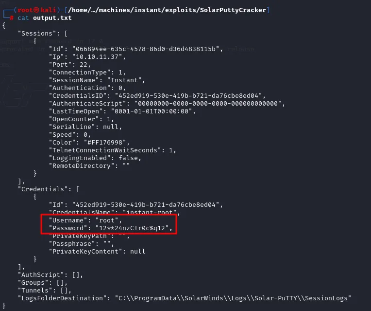 output.txt muestra la sesión Instant contra 10.10.11.37 y, en Credentials, el usuario root con su contraseña
