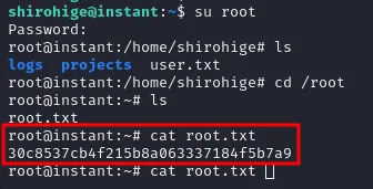 su root con la contraseña recuperada da shell de root y cat root.txt imprime la flag