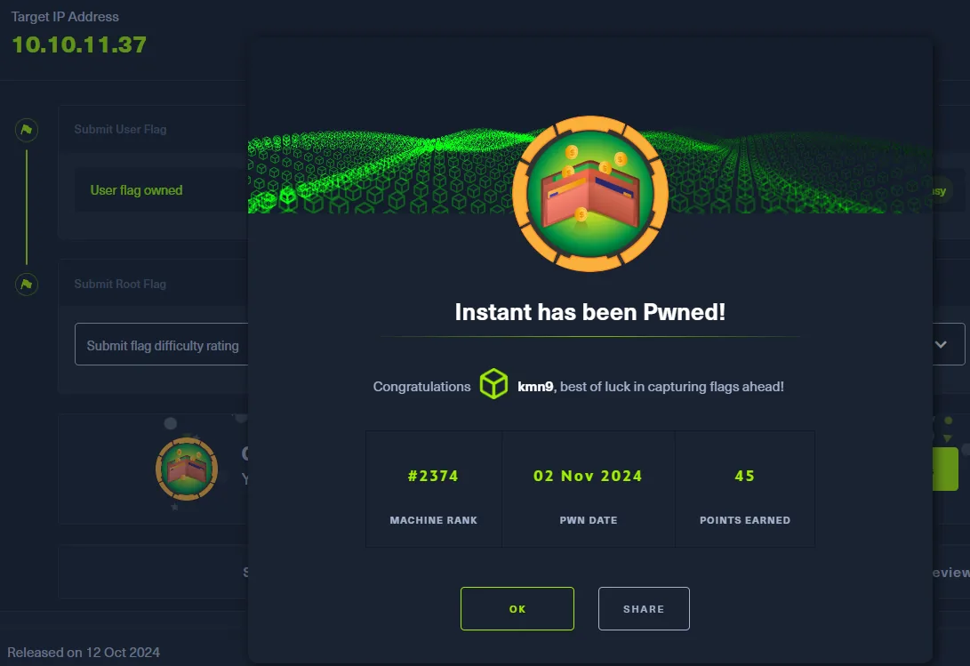 el panel de HackTheBox muestra Instant has been Pwned, con la flag de usuario ya validada