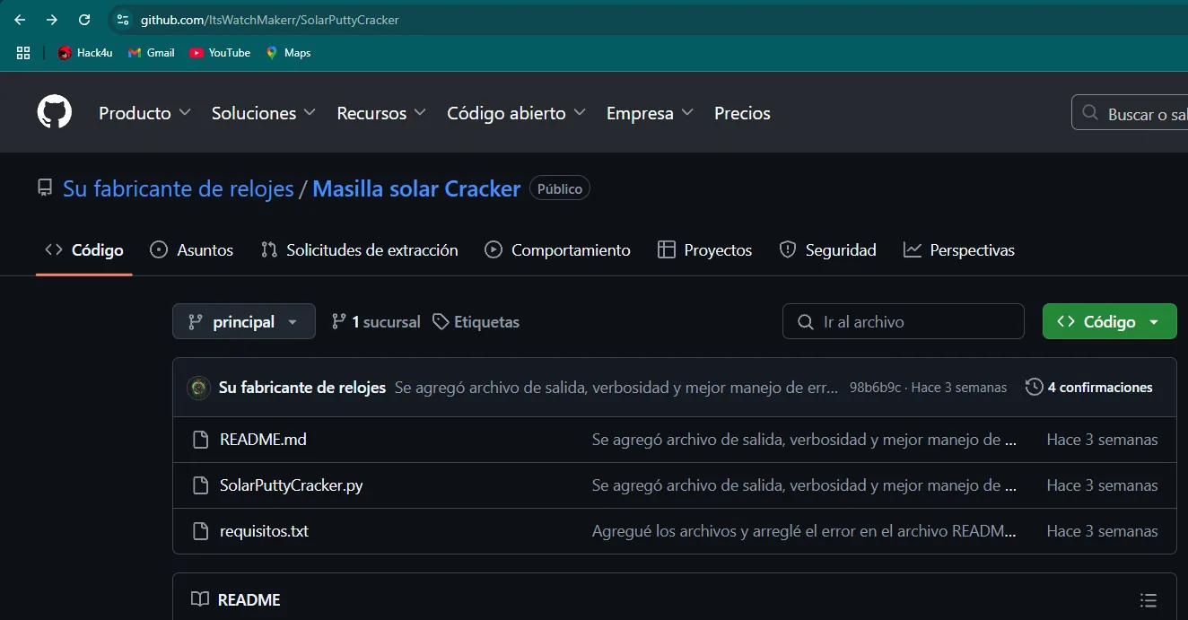 la página de GitHub de ItsWatchMakerr/SolarPuttyCracker con README.md, SolarPuttyCracker.py y requirements.txt